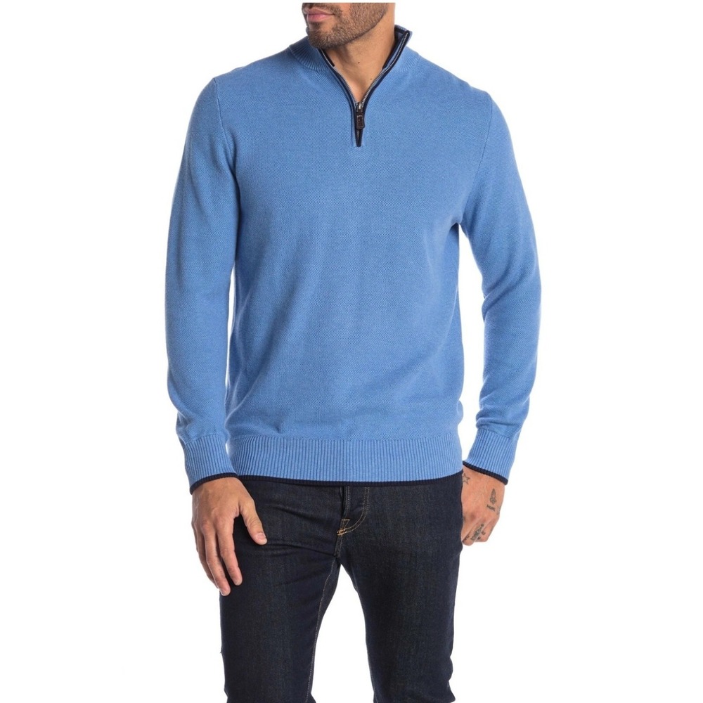 Tailorbyrd Mens Cotton Textured Waffle Quarter-Zip Pullover‎ Blue Sz XL Preppy
